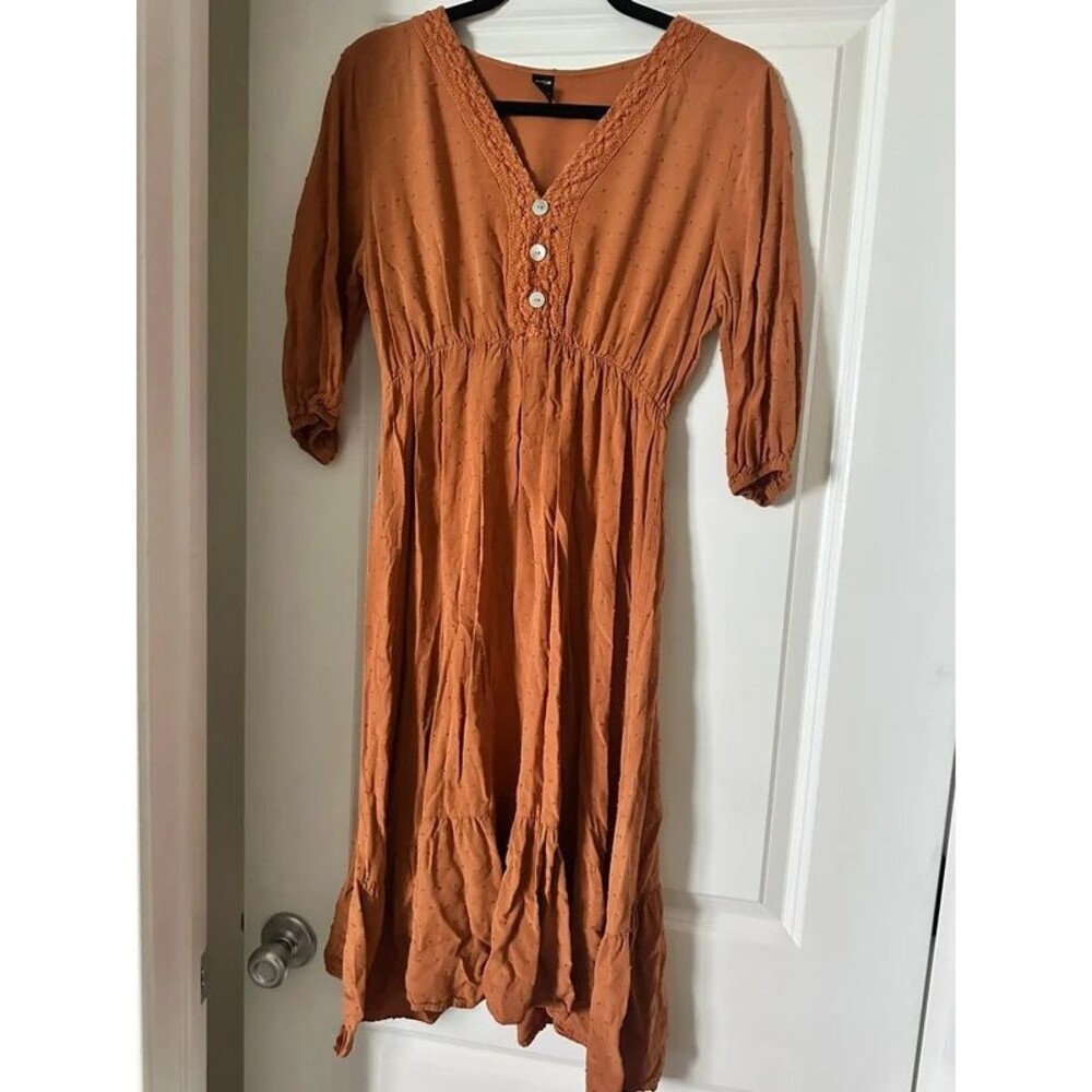 Rust Orange Boho Midi Dress – V-Neck Button Front, 3/4 Sleeves & Textured Fabric
